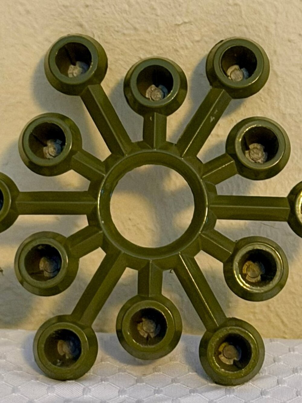 Vintage MCM Vogue Holder for Slim Candles Olive Green Metal Atomic Starburst Can